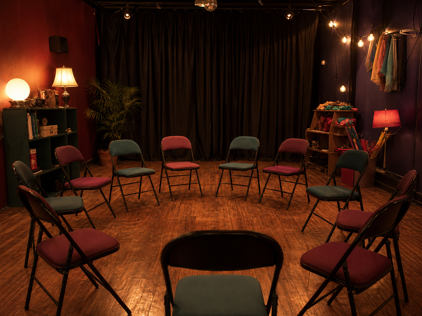Photo temporaire : groupe adulte en atelier d'impro dans une ambiance chaleureuse