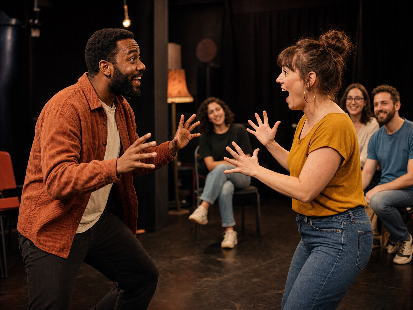 Photo temporaire : participants jouant une scène d'impro