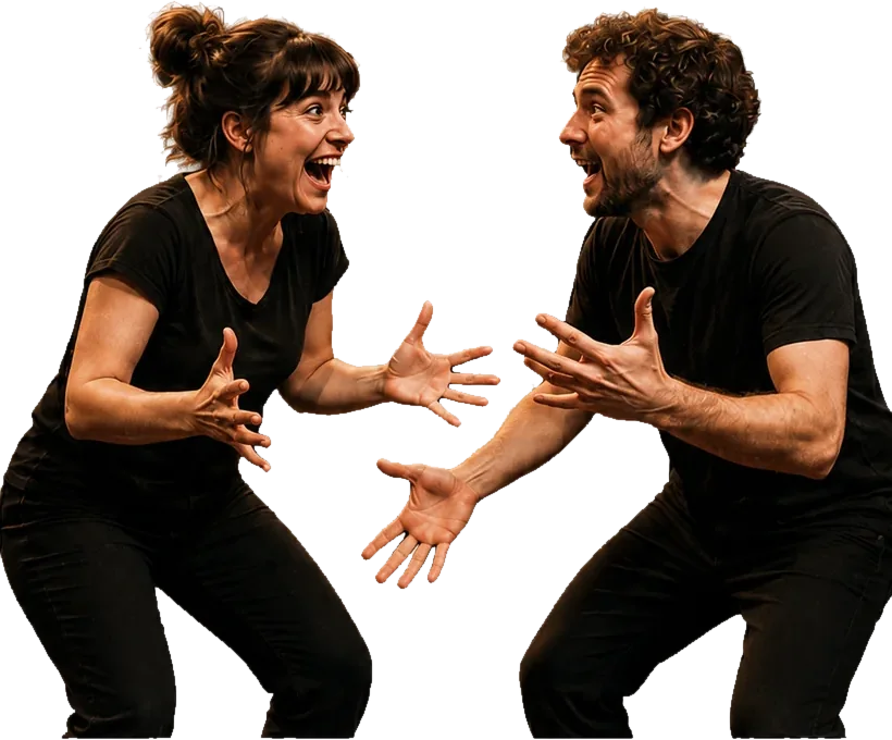 Deux comédiens en pleine improvisation sur scène à Toulouse